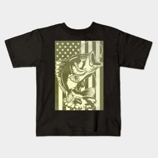 Big Mouth Bass Fish American Flag Kids T-Shirt